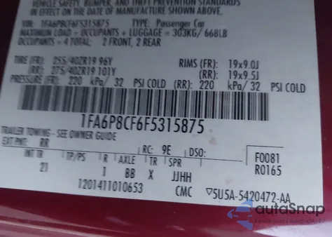 2015 Ford Mustang Gt из США, поврежденный, VIN 1FA6P8CF6F5315875